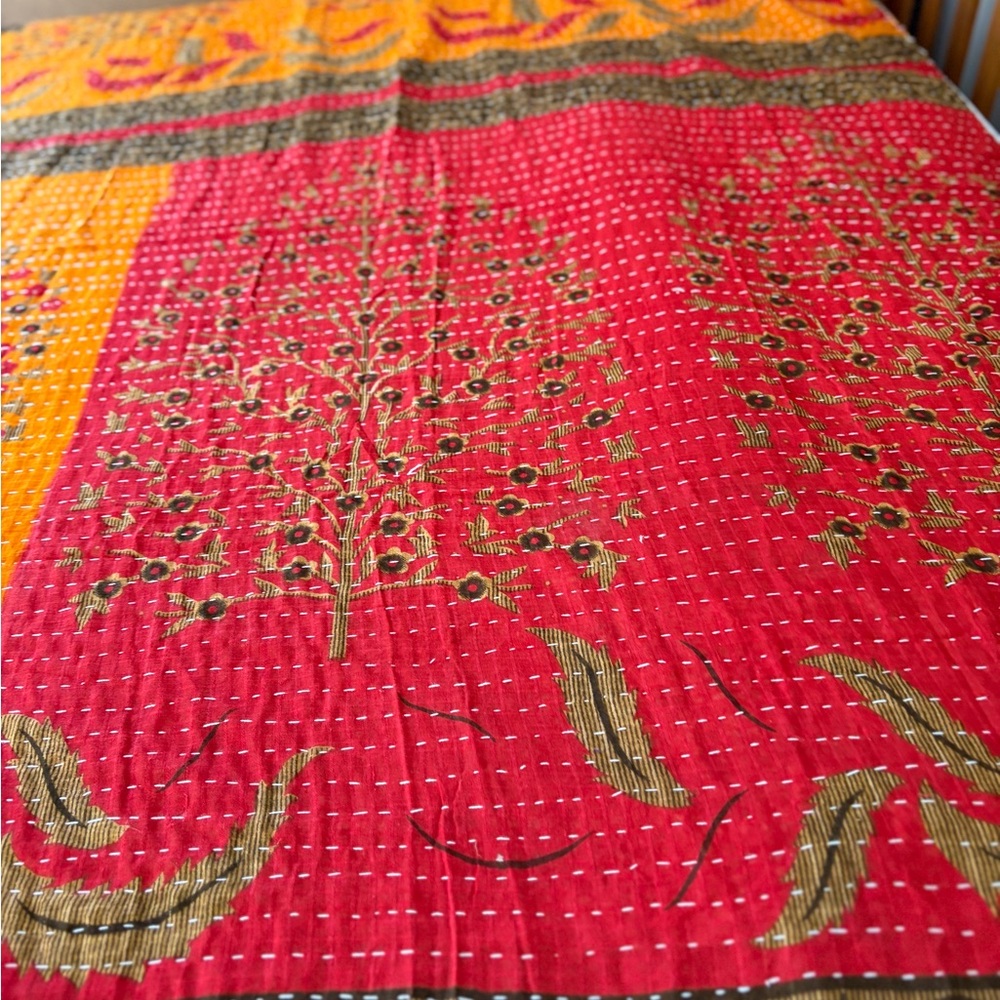 Kantha quilt in vibrant colors. Handmade from saris in India  7 ft x 4 ft. Boho